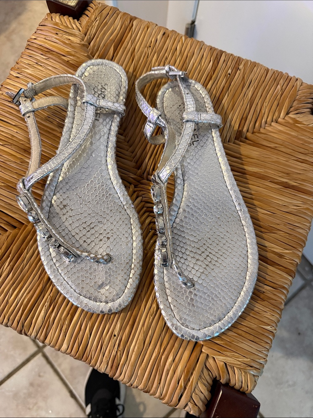 Michael Kors Silver T-Strap Snake-Texture Sandals